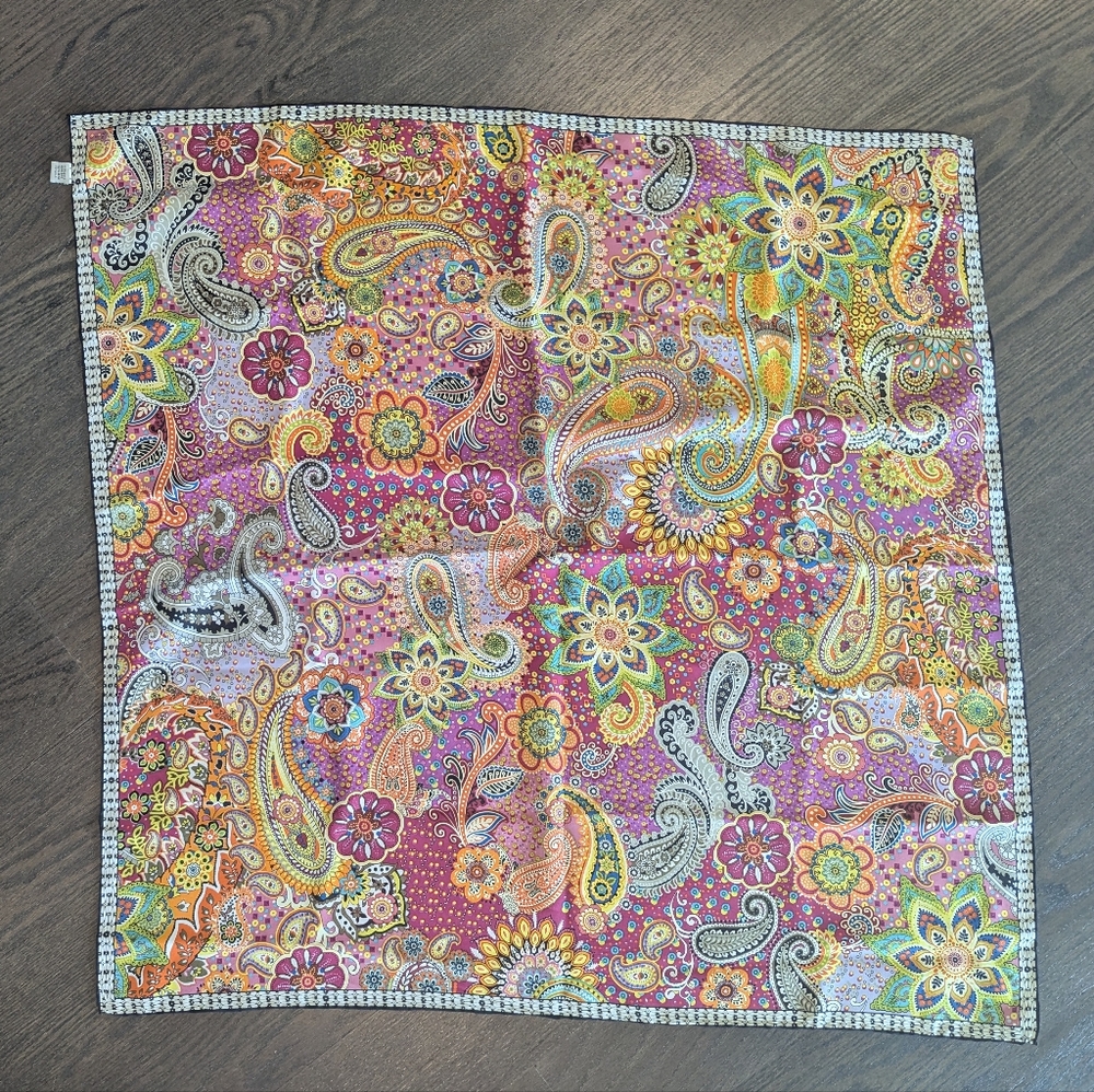 Colorful Paisley Floral Scarf with Black and White Border 34 in square